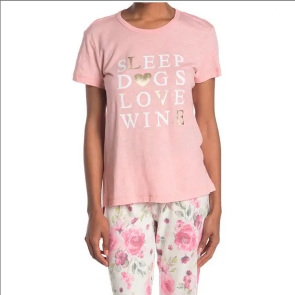 PJ Salvage Tee Sleep Dogs Love Wine Print Lounge Short Sleeve Blush Pink L NWT - Picture 2 of 10